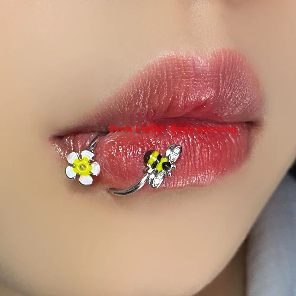 1PC S Lip Ring Piercing Bee Labret Month Piercing Flower  Double Ring Helix Piercing Cartilage Stainless Steel  Body piercing