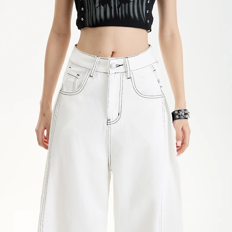 Été mince doux confortable Lyocell tissu femme jean Y2K fille blanc coton ample jambe large pantalon mode pantalon décontracté grande longueur