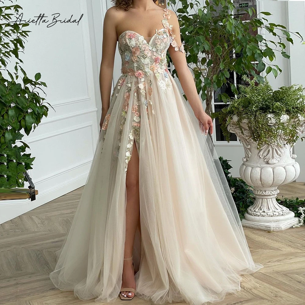 Arietta Champagne Floral Tulle Maxi Prom Dresses Customized Sweetheart Lace Appliques High Slit A-Line Wedding Party Gowns