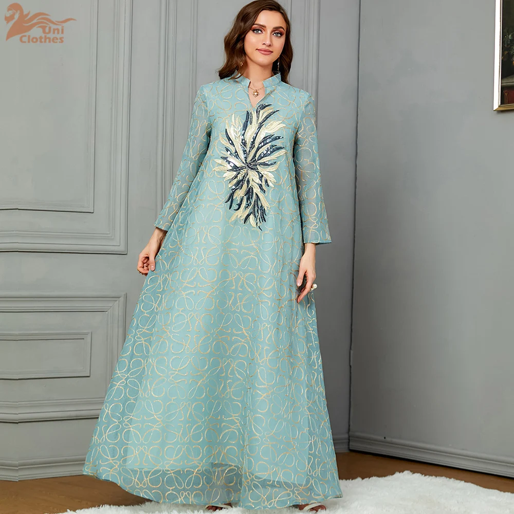 Uni Muslim Dress for Women Jalabiya Abaya Sequins Mujer Vestidos Ramadan Long Dresses Woman Robe Moroccan Caftan Vestidos 