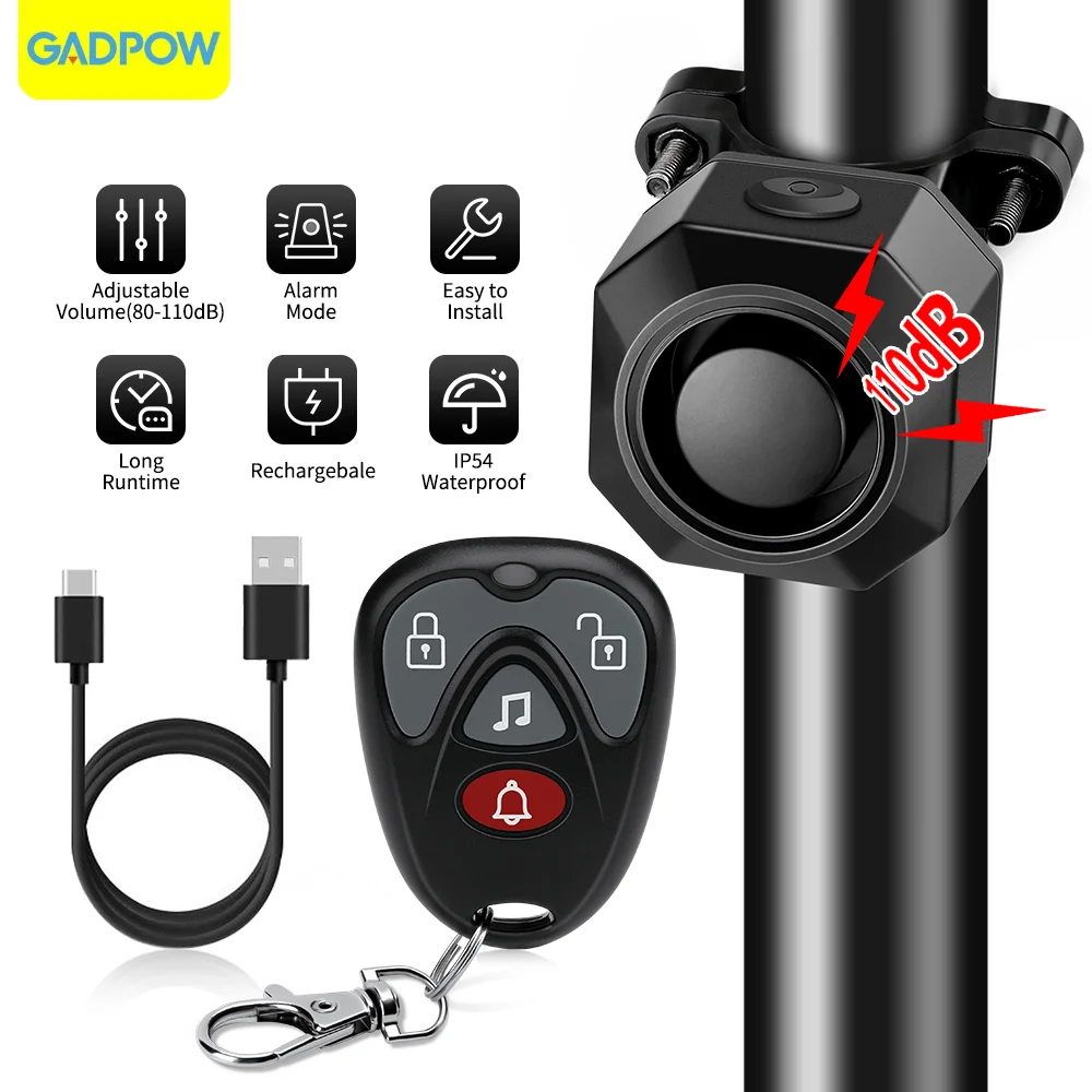 Gadpow Bike Alarm Wireless Waterproof Bicycle Vibration Alarm USB Charging Remote Control Motorcycle Alarm Security Protection