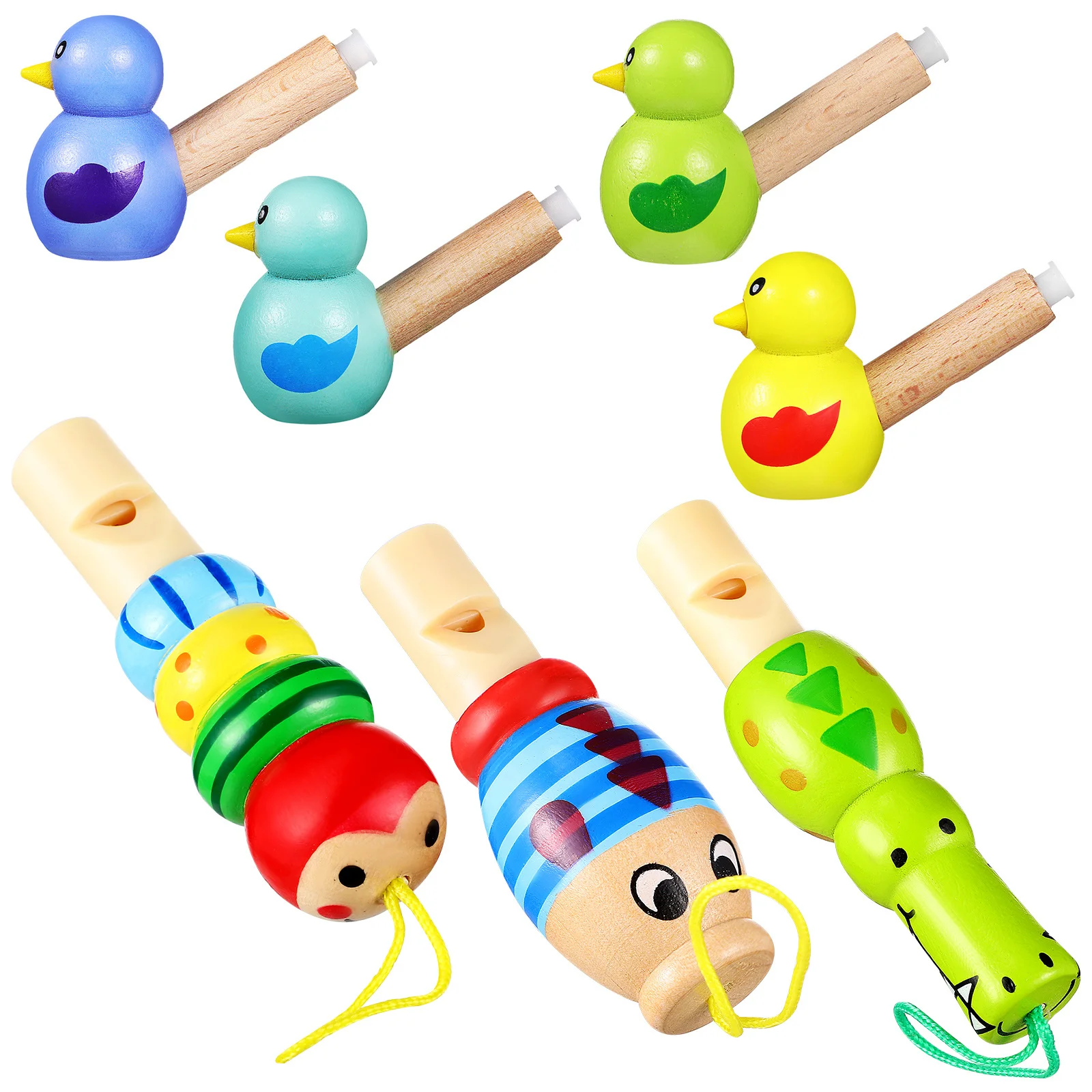 7Pcs Wood Animal Whistles Colorful Cartoon Shapes Musical Educational Gifts Improve Kids Sound Rhythm Lung Exercise