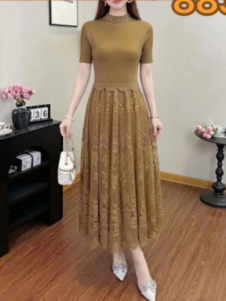 

Miyake Pleated Dress Women's 2026 New Fashion Lace Splicing Fake Two-piece Round Neck Short-sleeved Elegant Mid-length Skirt