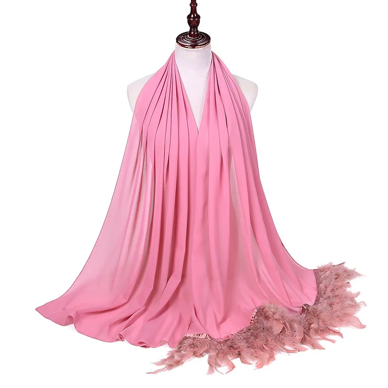 70*175CM The New Solid-color Chiffon Feathered Muslim Women's Fashion Scarf Can Be Wrapped In A Shawl