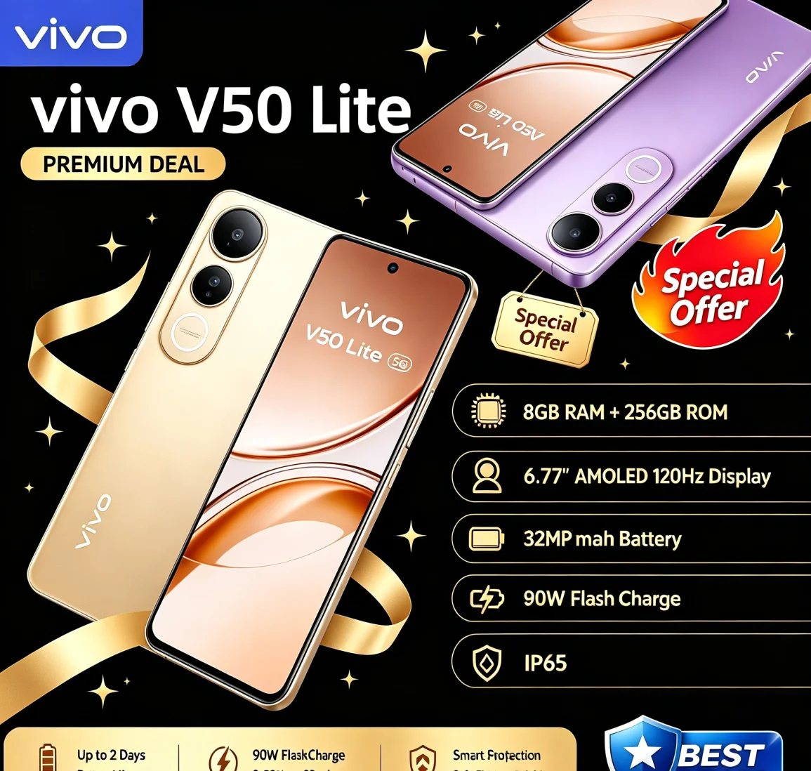 Viral Listing 2026 Genuine VIVO V50 Lite Unlocked Handset 8+256GB Storage 6.58‑Inch Beautiful Full‑View Screen Dual 64MP Rear