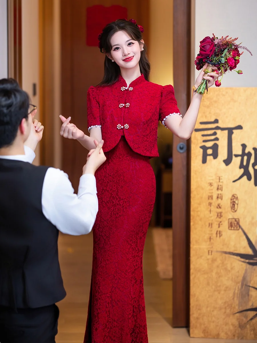 

Red Chinese Sle Wedding Dr Fi Tail Evening Gown ort Sve Sweet Sle mid Length Polyester Fabric for Wedding Par