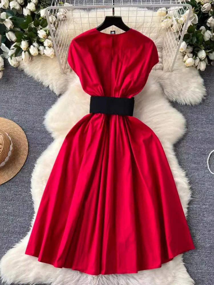 Women Elegant Party Dress Summer Sleeveless Slim V-neck Vintage Dresses Ladies A-line High Waisted with Belt Midi Robe Vestidos