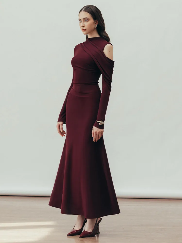 LISM moda mujer vestido de noche cuello redondo diseño calado plisado cintura alta elegante vestido de punto de fiesta 2024 otoño nuevo