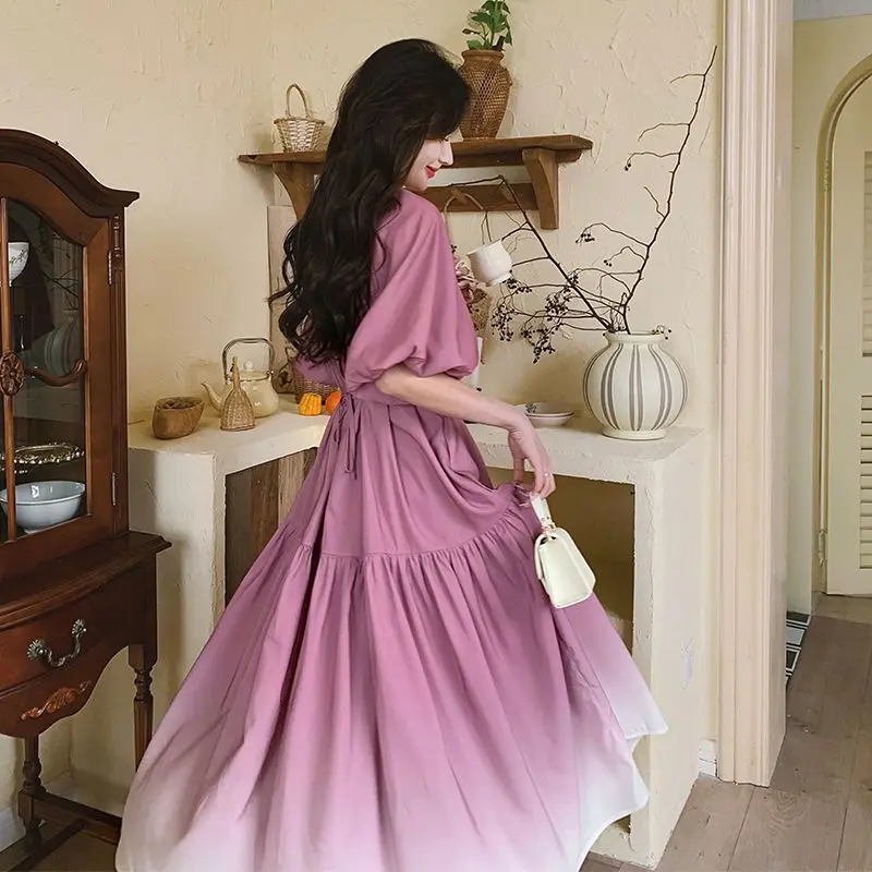 

Long Dress High Quality GradientPink Middle Sleeve Large Swing Long Dress 2024 Summer New Women Gentle Elegant Loose Dress