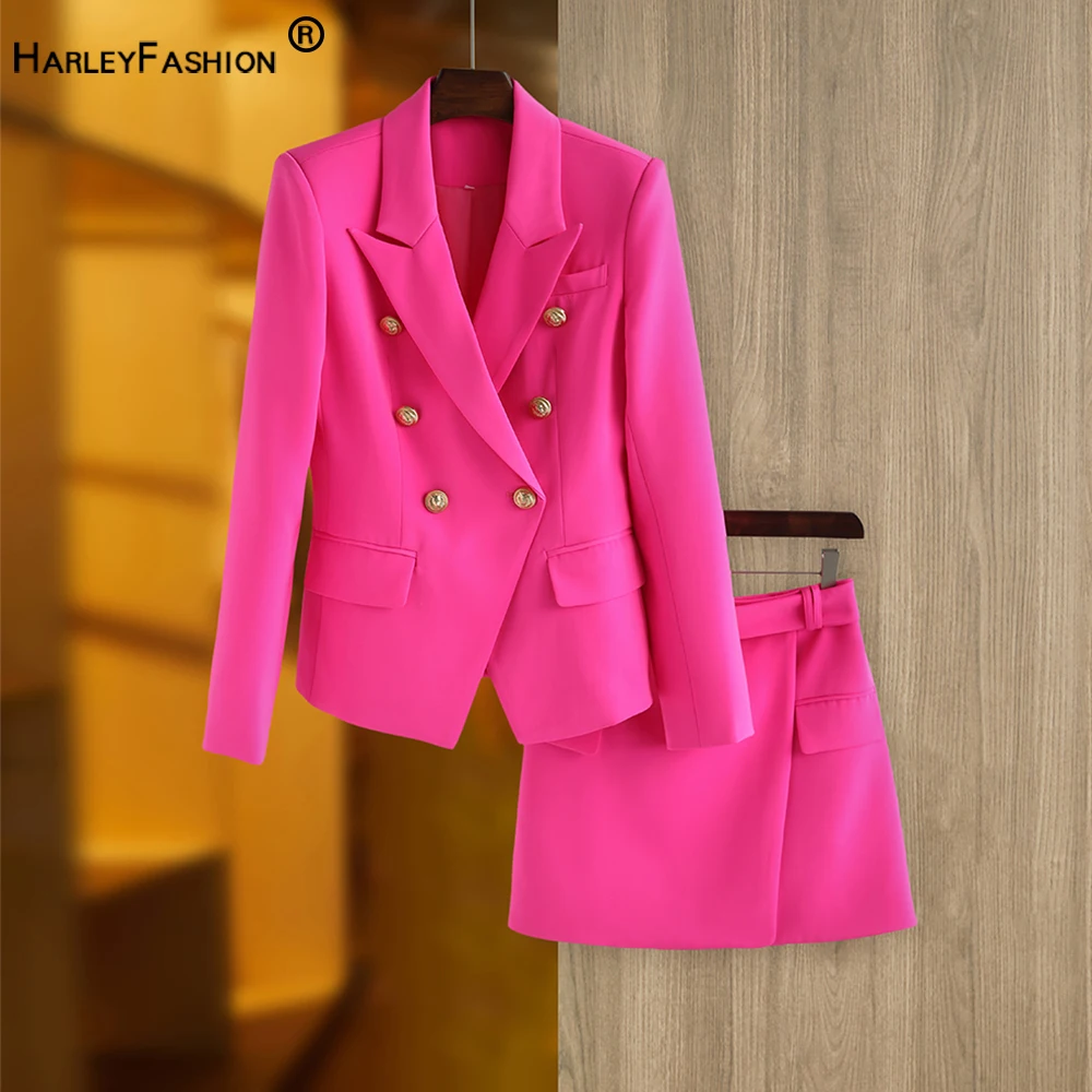 Hot Pink Women Street Two Pieces Skirt Suits Fashion Candy Color American Style Slim Lady Blazer Sets 2PCS