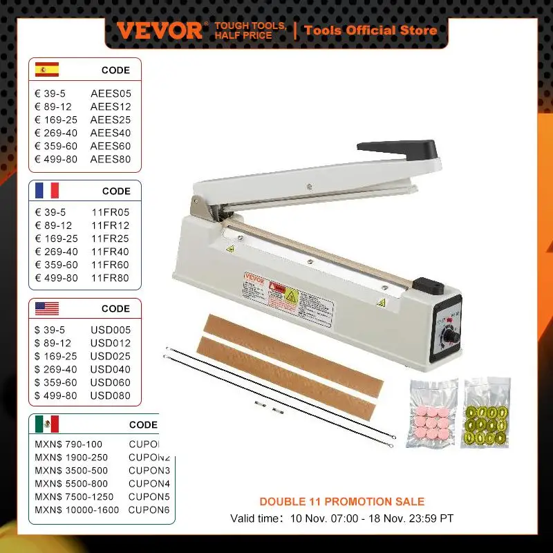 VEVOR 8/12/16 inch Impulse Poly Bag Sealer Manual Heat Sealing Machine with Adjustable Heating Mode for Plastic Mylar PE PP Bags