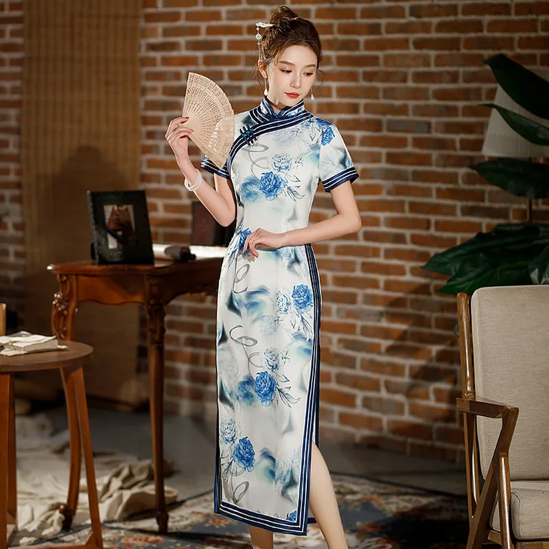 Yourqipao-Cheongsam longo e fino branco para mulheres, gola alta, moda, banquete do anfitrião, Qipao, estilo chinês, vestido de noite, verão