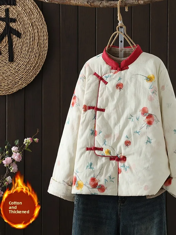 معطف Jaet نسائي من القطن بطباعة الأزهار الفنية مقاس كبير معطف الخريف والشتاء الصيني التقليدي بياقة واقفة...