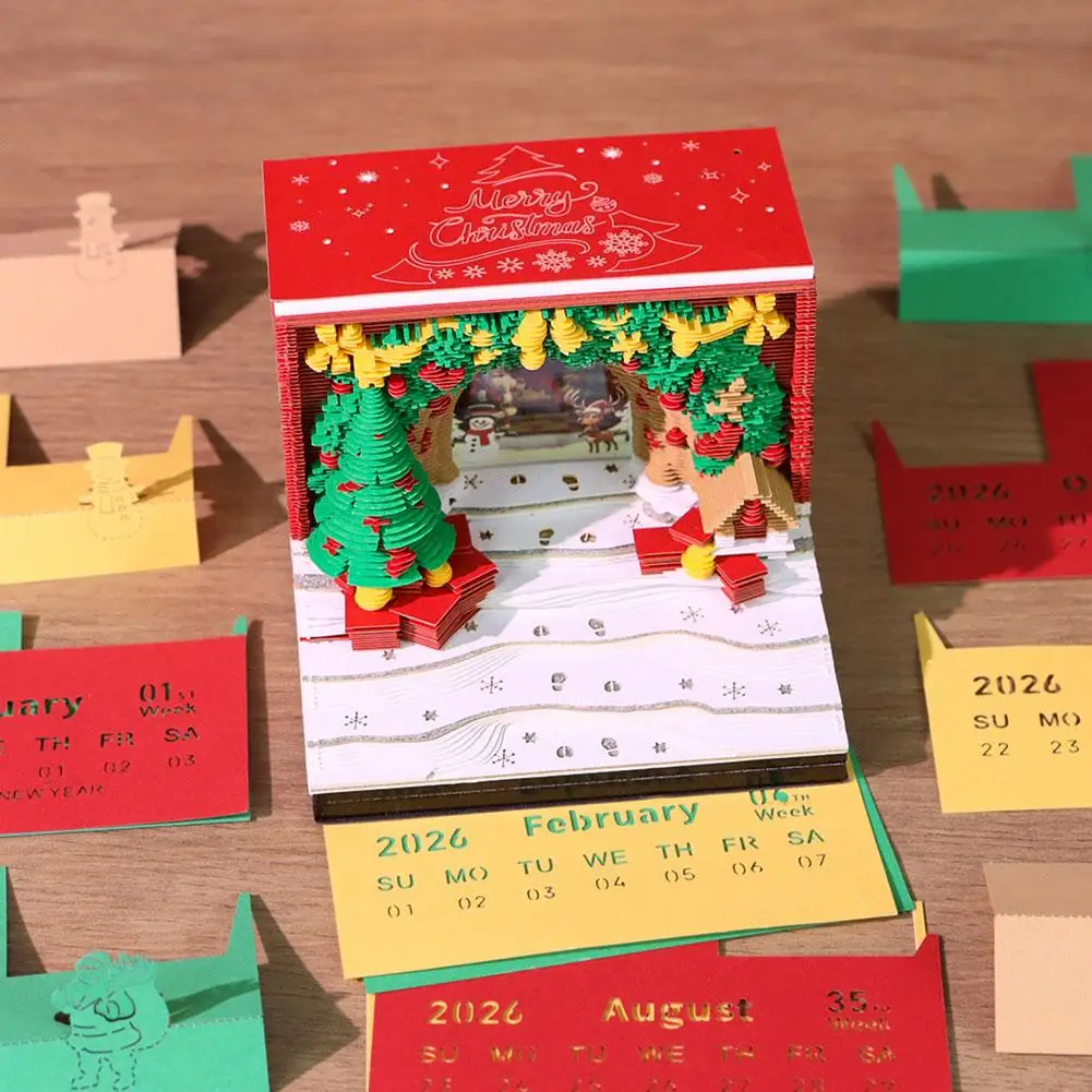 3D Paper Art Calendar With Lights Desk Timepiece Calendar 2026 Tear-Away 3D Xmas Tree House Notepad Christmas Gift For Frie Z0S8