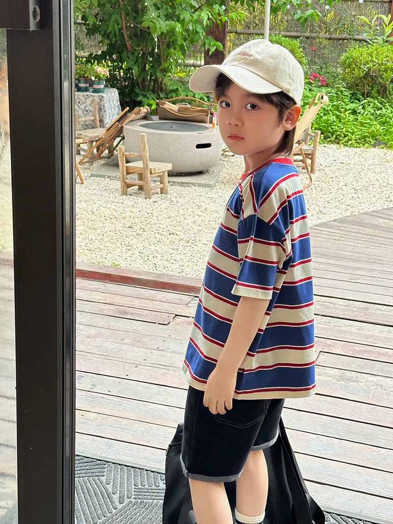 

Casual Striped T-shirt Summer New Children's Short-sleeved Tops Loose T-shirt Boys Trendy Clothes Children's T-shirt