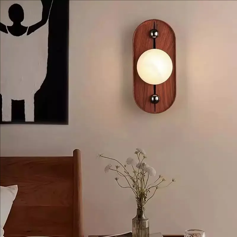 Wood Grain Marble Wall Lamp, Retro Home Decoration Lighting Fixture for Living Room Bedroom Bedside Hallway Foyer