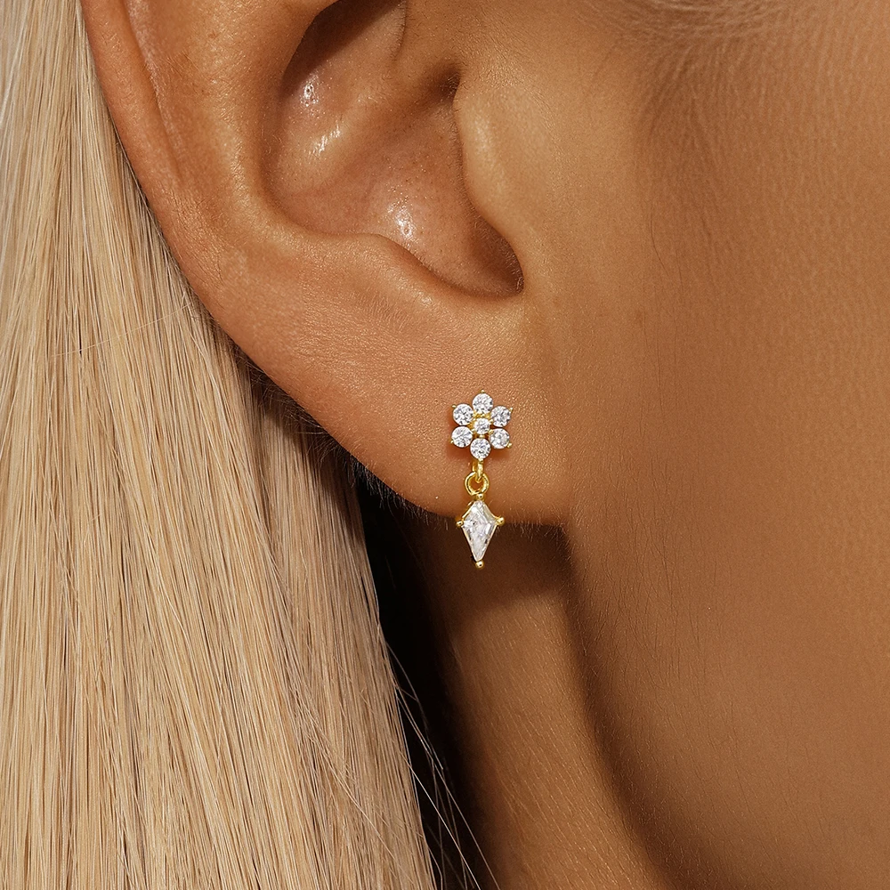 ROXI 925 Sterling Silver 1Piece geometric zircon tassel piercing earring for Women 18K gold flat head Party Wedding Jewelry image 4