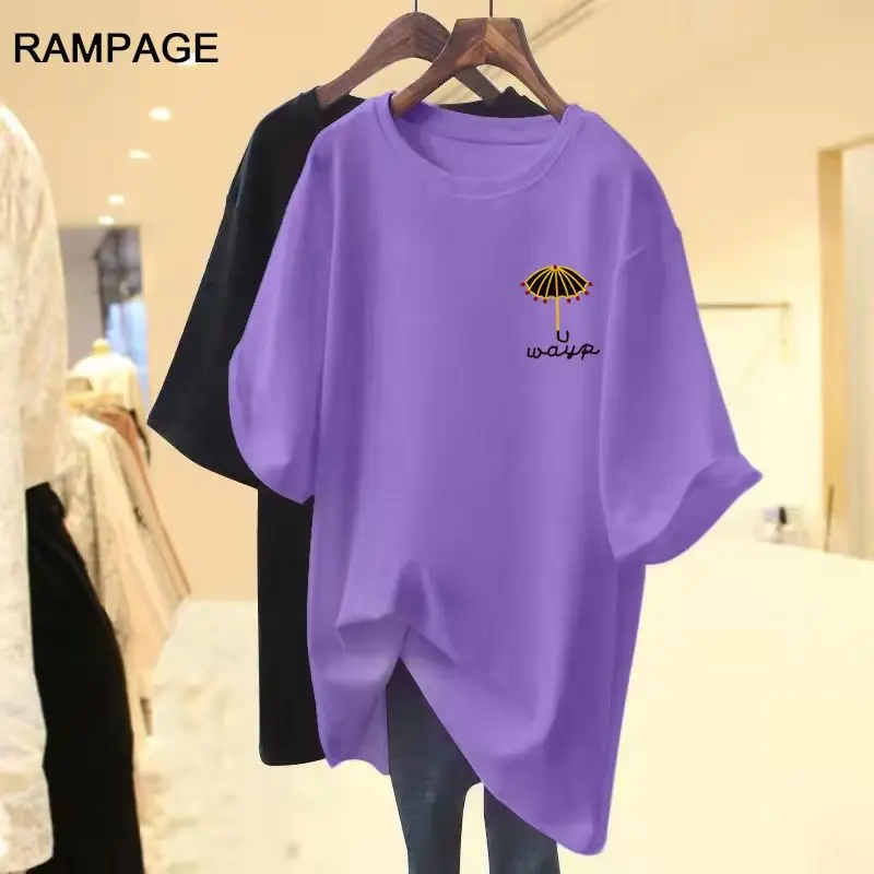 Women  Casual Simple Pullover Lady Umbrella Printed Tops Summer Basics Crew Neck Pure Cotton Short Sleeve Loose Tee Shirt