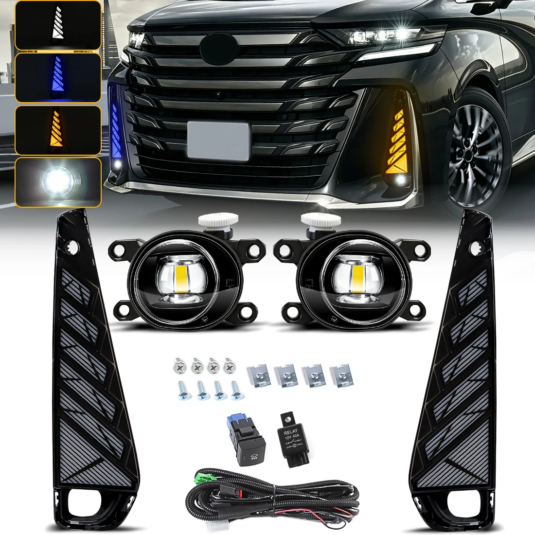 LED DRL Fog Lamp Kit For Toyota Vellfire 40 Series 2024 2025 3 Colors Daytime Running Light Turn Signal with Wiring Harness 12V
