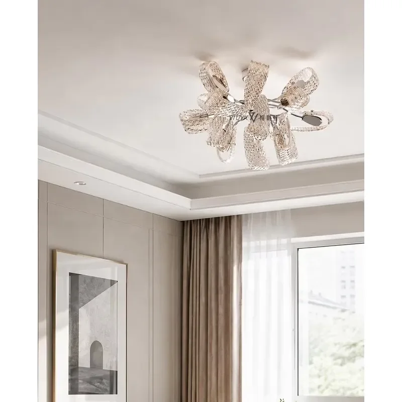 Luxury Floral Art Glass Ceiling Lamp Metal Frame Flower Shape Chandelier for Villa Living Room Interior Decoration