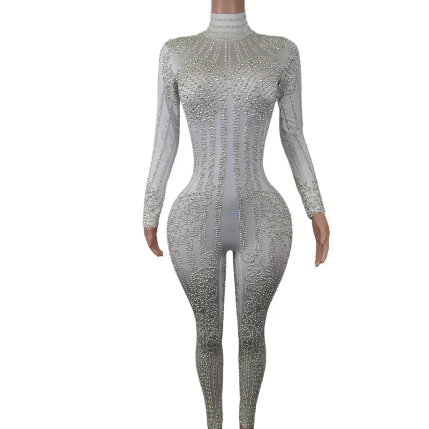 

Rhinestone Bodycon Romper Dance Show Leotard Women Stage Performance One Piece Jumpsuit Sexy Pearl Long Sleeve Bodysuit