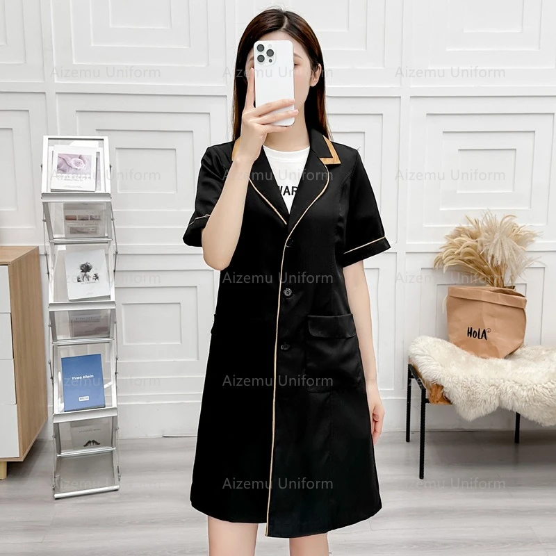 black beauty uniform with beautician robe women salon lab coat nurse uniform medical scrubs pink hospital Spa workclothes logo