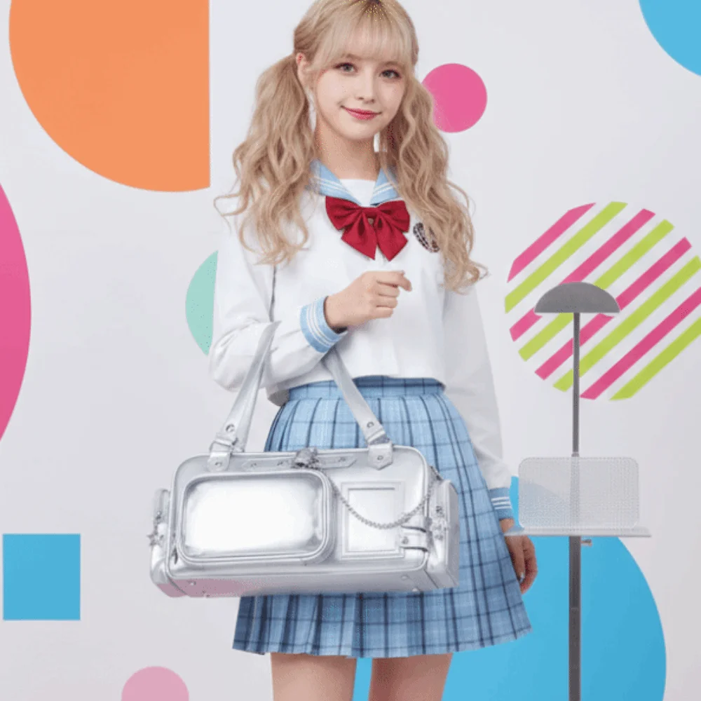 multi-pocket-clear-ita-bag-glossy-surface-metal-chain-idol-fans-handbag-spacious-interior-detachable-strap-school-uniform-tote