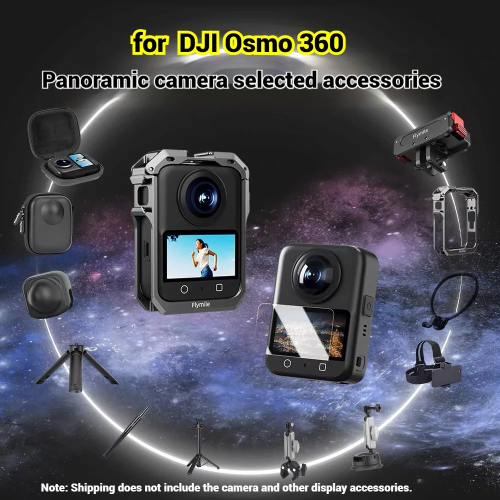 Zestaw akcesoriów do DJI Osmo 360: Szkło hartowane, metalowa klatka, uchwyt samochodowy na szybę, przenośny pojemnik, adapter szybkiego montażu. — zdjęcie produktu 3
