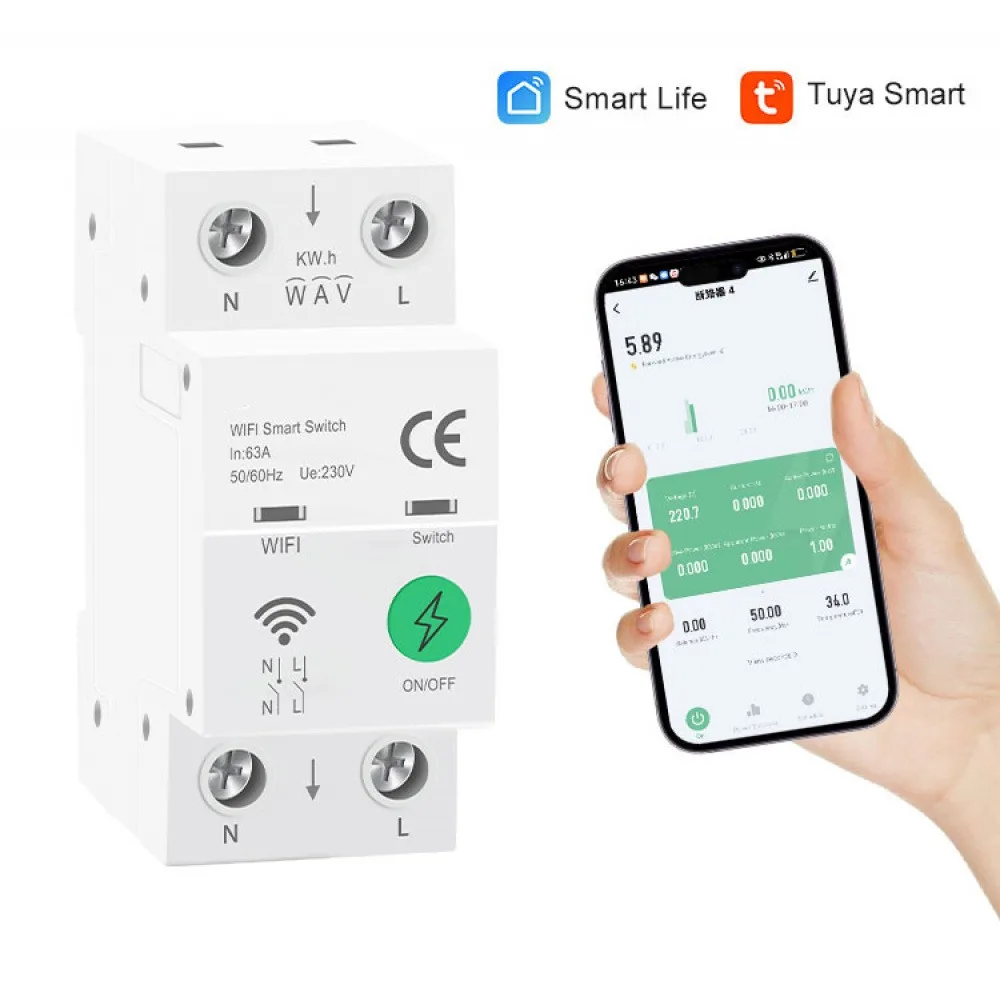2P 63A Tuya WiFi Smart Circuit Breaker DIN Rail Overload Protection APP Remote Voice Control Timer Switch Works with Smart Life