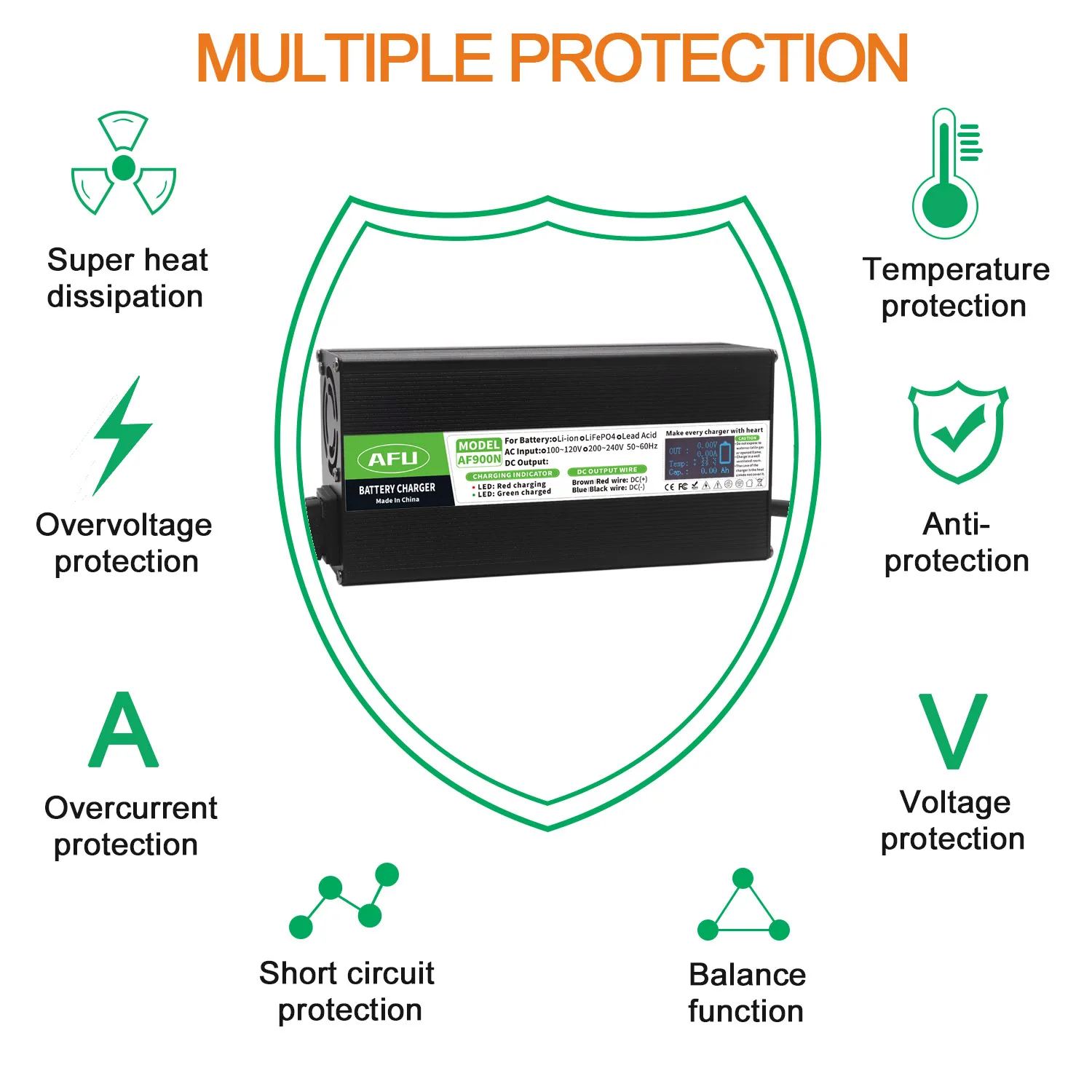 58.4V 15A LiFePO4 Battery Charger With OLED Display Smart Charger Usd for 16S 48V 51.2V LiFePO4 Battery Aluminum Case