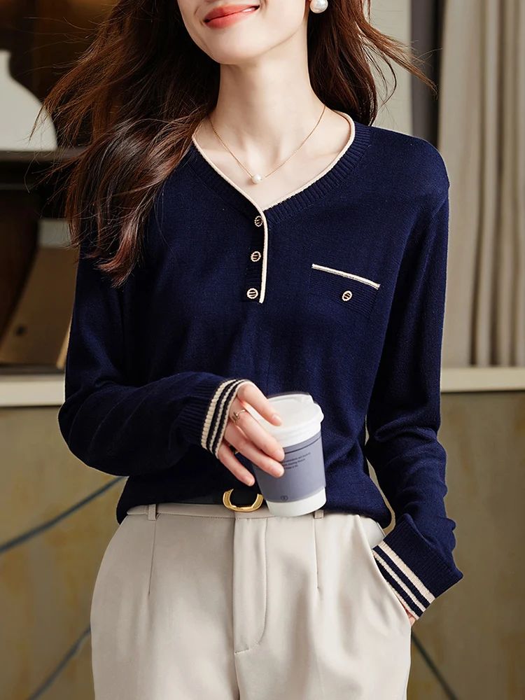 Autumn Winter Button V-Neck Sweater Women Slim Knitted Pullover Korean Style Casual Sweaters Ladies Tops