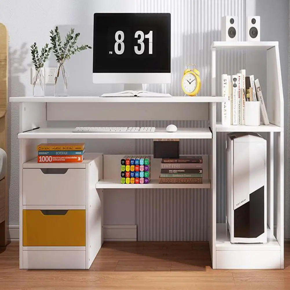 Computer Desk With 2 Drawers And 3 Hutch Shelves,Plate Type Office Desk Wtih Keyboard Drawer,Rounded Corner Writing Desk,White