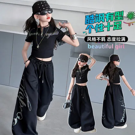 4 6-14Y Childrens Black Cool sportwear Outfits suit Summer T-shirt+Pants 2PCS Teenage Girls Jazz Streetwear Dance Clothes Set
