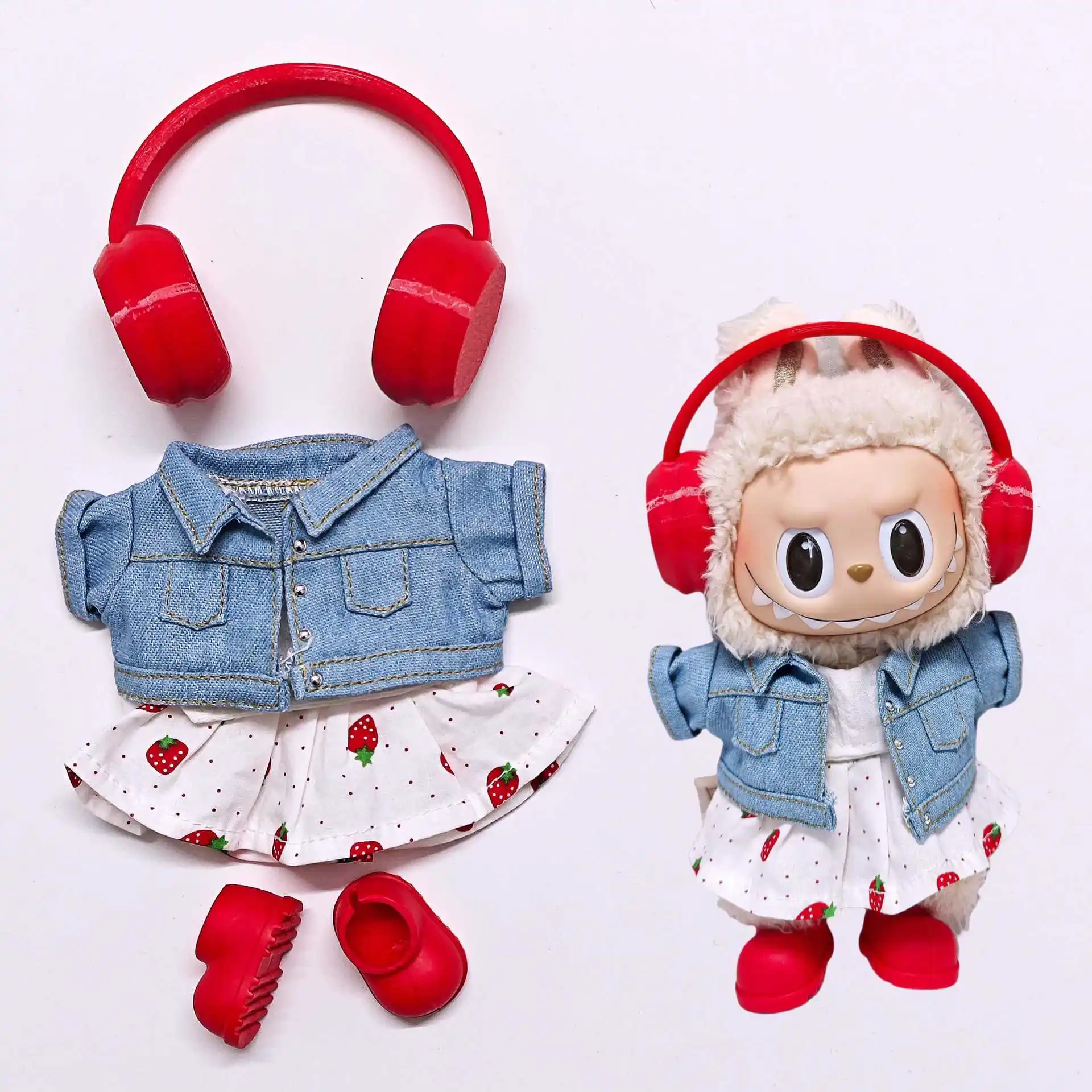

Labubu Doll Clothes Set Strawberry Dress Denim Jacket Colorful Headphones & Shoes Cute Plush Outfits for 1-3 Gen