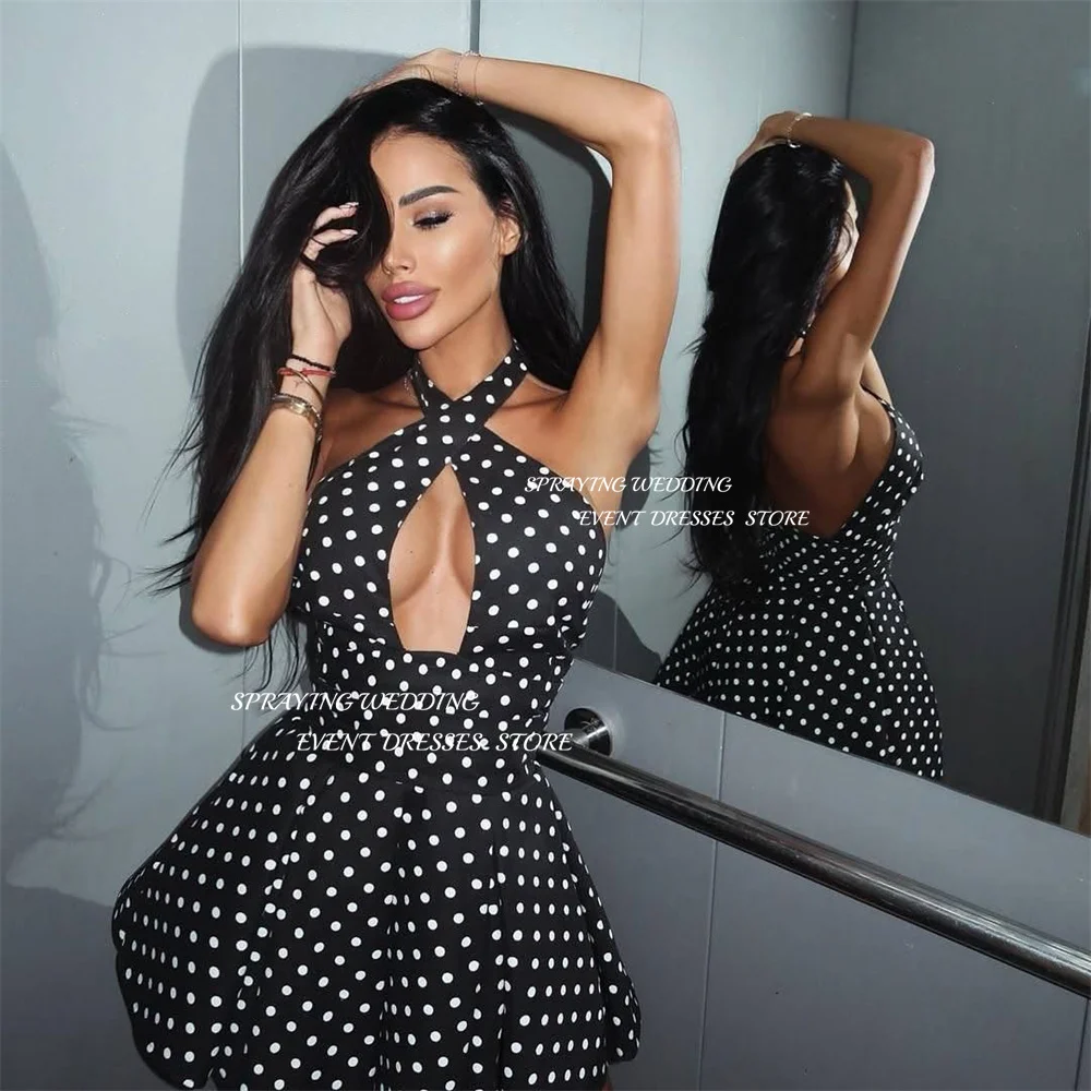SPRAYING-Mini vestido de fiesta negro con lunares blancos, vestido de fiesta de satén con cuello Halter, corte A, corto por encima de la rodilla, vestido de cóctel Formal personalizado