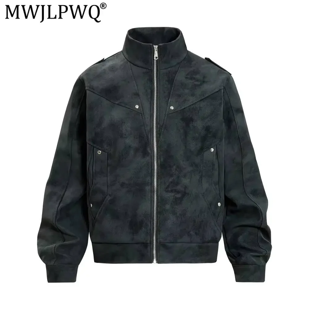 MWJLPWQ Retro Tie-Dye Distressed PU Leather Jacket For Men American Punk Fashion Deconstructed Design High-Collar Tops 20246