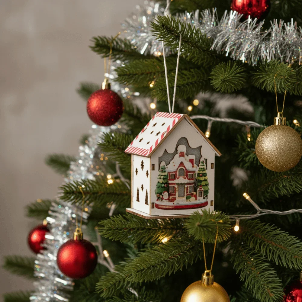 

Colorful Christmas LED Light Wooden House Mini Cute Luminous Cabin Decorative Christmas Hanging Decorations Home Decor