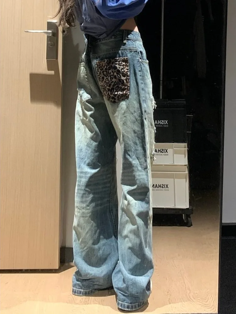 Retro American Street Leopard Print Patchwork Hole Denim Jeans Loose Straight Leg Casual Long Trousers for Men And Women