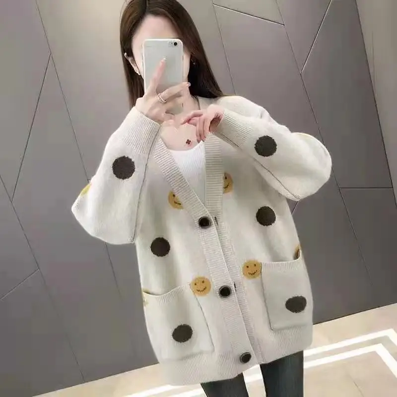 Knitting Cardigan Female Autumn Winter New Korean Loose Ladies Top Tee Cartoon V-neck Long Sleeve Sweater Coat Women Clothing