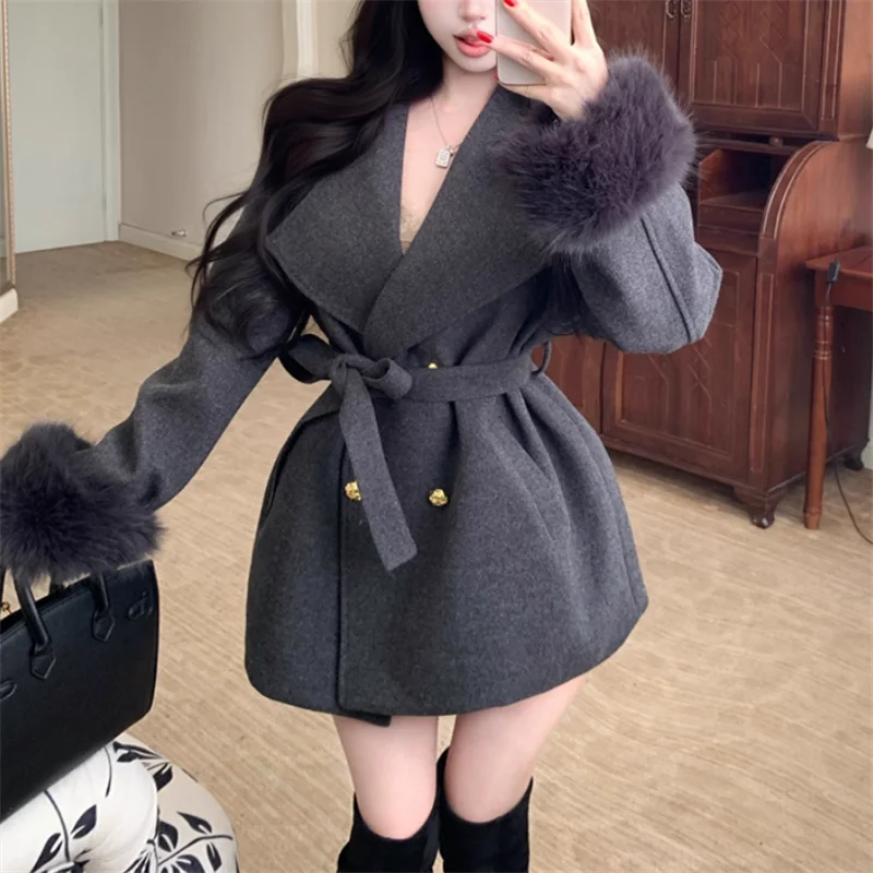 

Черно-серое элегантное двубортное длинное шерстяное пальто знаменитостей для женщин ретро осень-зима меховая куртка с манжетами и рукавами с поясом плотная верхняя одежда