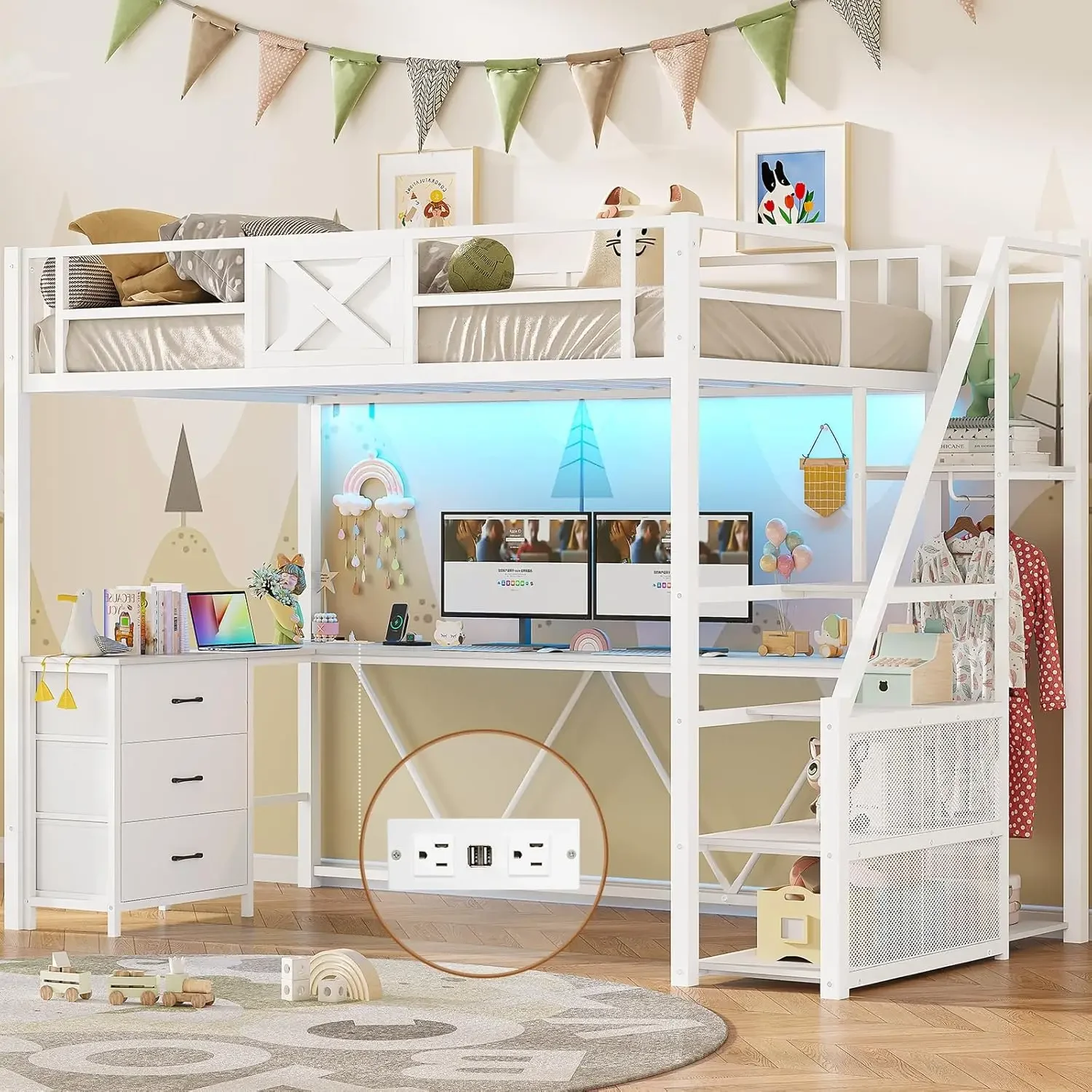 White Metal Loft Bed Stairway Desk Wardrobe Storage Drawers LED Charging Station