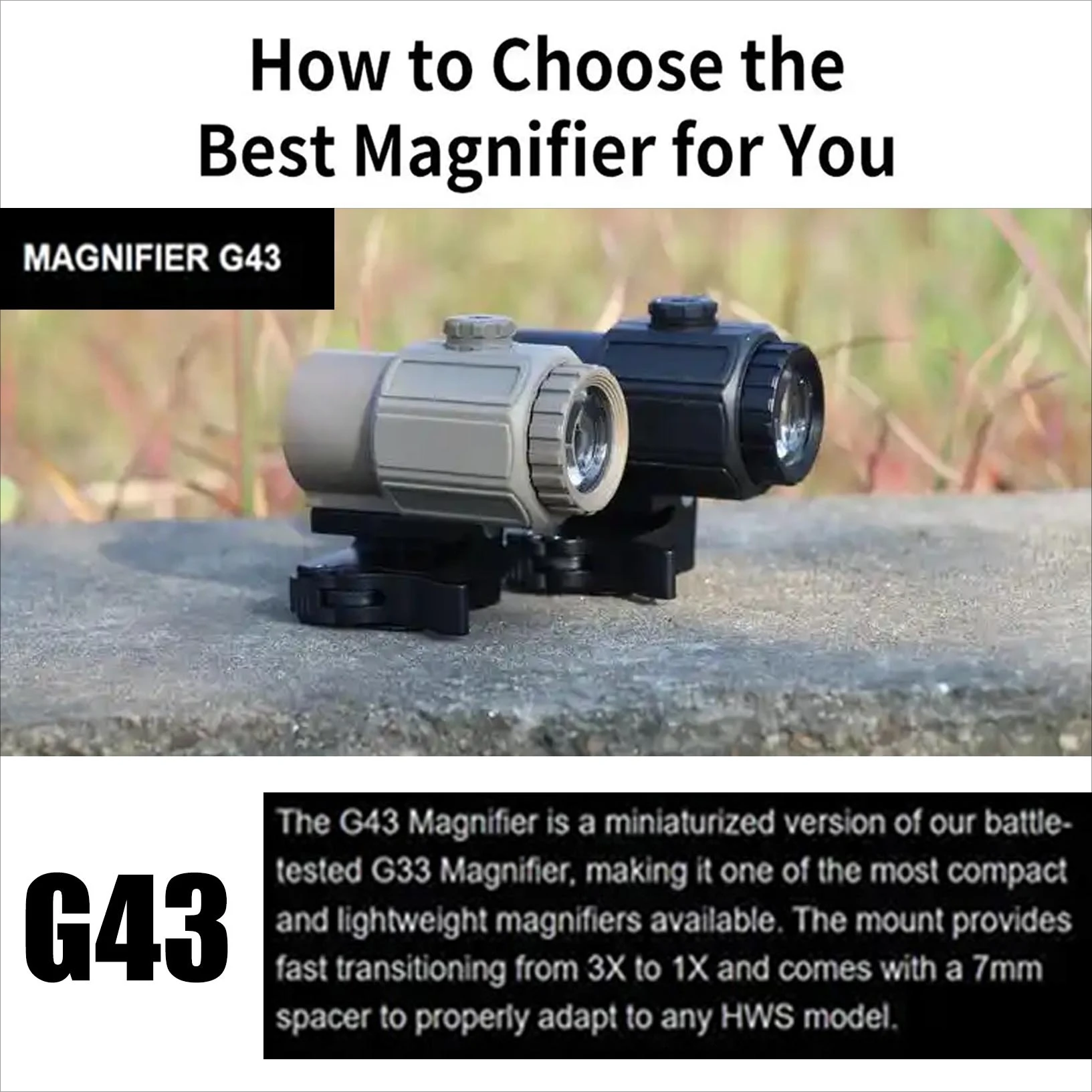 

Увеличитель G43 3X с креплением E*t*ch 2.26" UNITY, складной, откидной, тактический, с регулировкой, оригинальный логотип