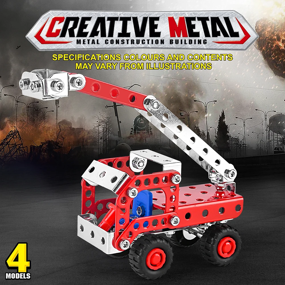 Metal Assembly Building Block Fire Truck Model Crane Excavator Bulldozer Engineering Vehicle Set DIY Screw Nut Alloy Toy for Boy