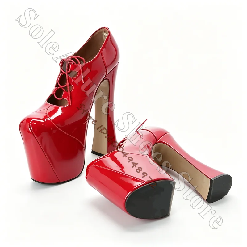 Women Red Patent Leather Platform High Heel Pumps Lace Up Front Chunky Heel Extreme High Heel Party Shoes