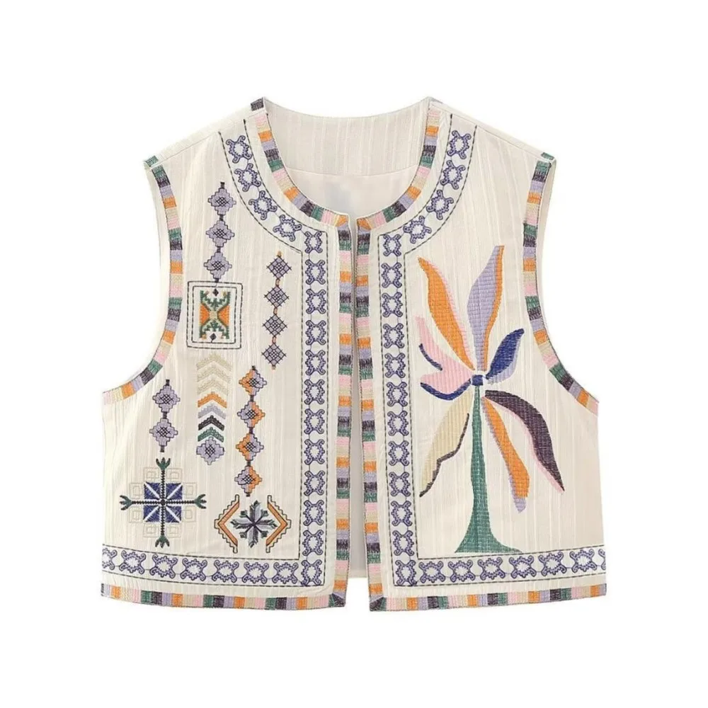 Ethnic Embroidery Geometric Flower Open Stitching WaistCoat Women BOHO Vest Sleeveless Jacket Outfits Casual Vacation Crop Top