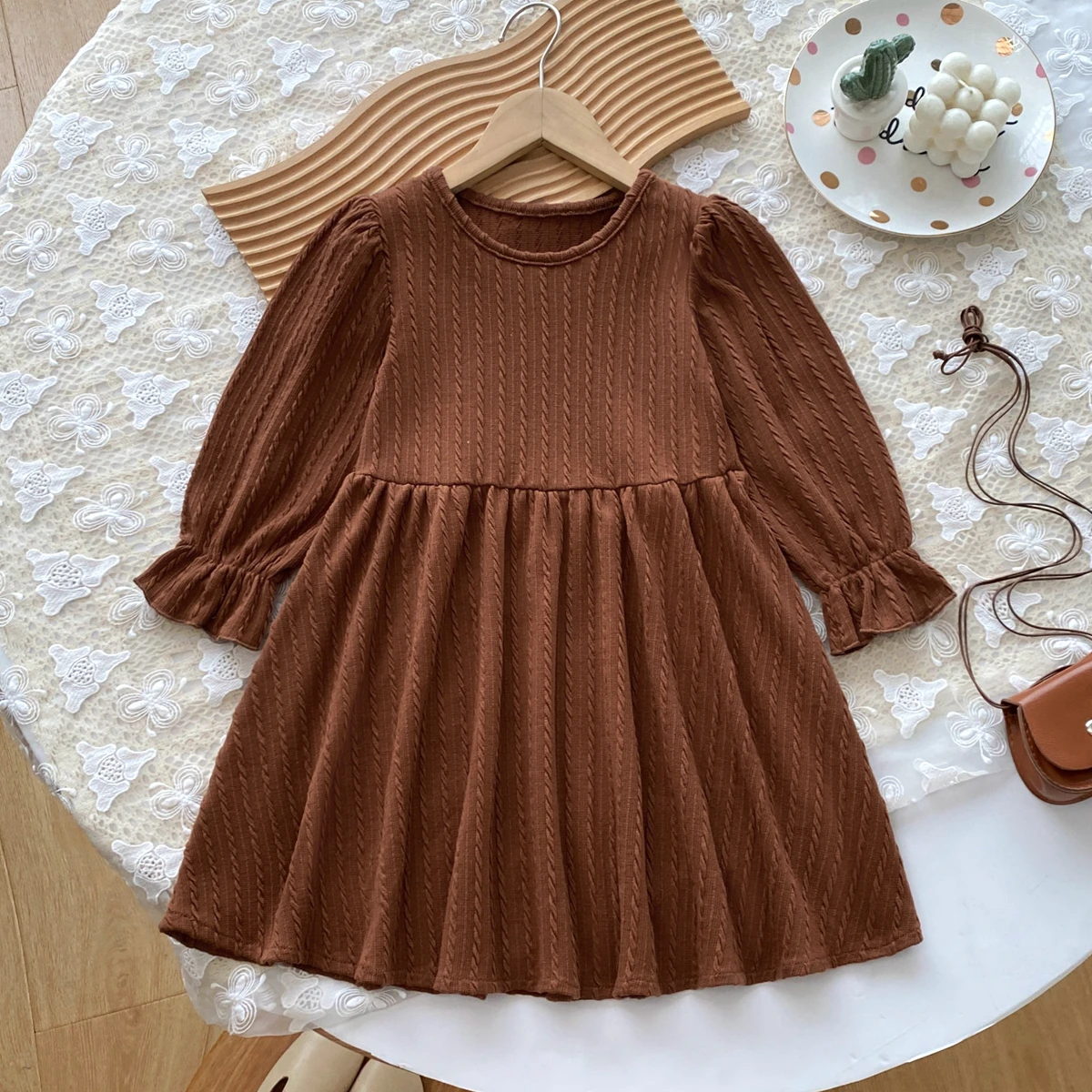 Girl Solid Color Autumn Long Sleeve Ruffled Micro-pleated A- line Dress Children's Fashion Princess Dress