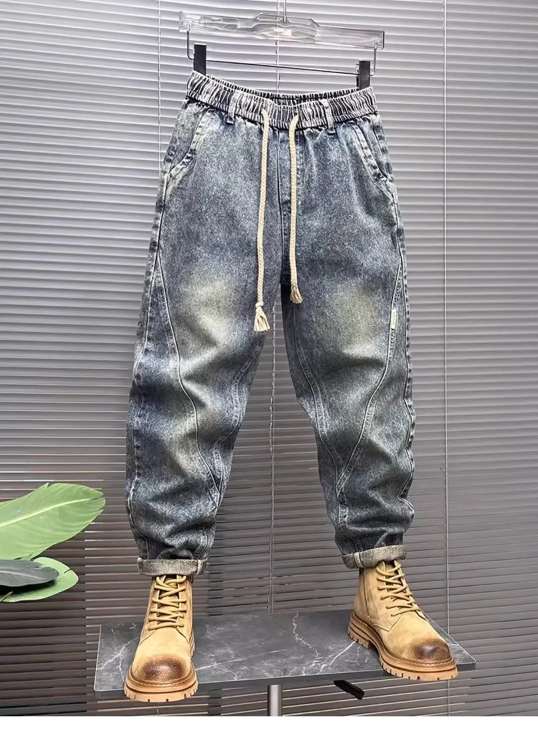 Trousers Cargo Light Blue Jeans For Men Cropped Male Cowboy Pants Harem Designer Patchwork Streetwear American korean Fashion