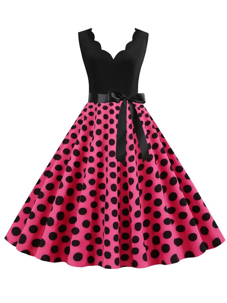 Preto dot vestido de verão feminino pinup elegante vestido de festa do vintage casual escritório tanque sleevelss a linha vestidos