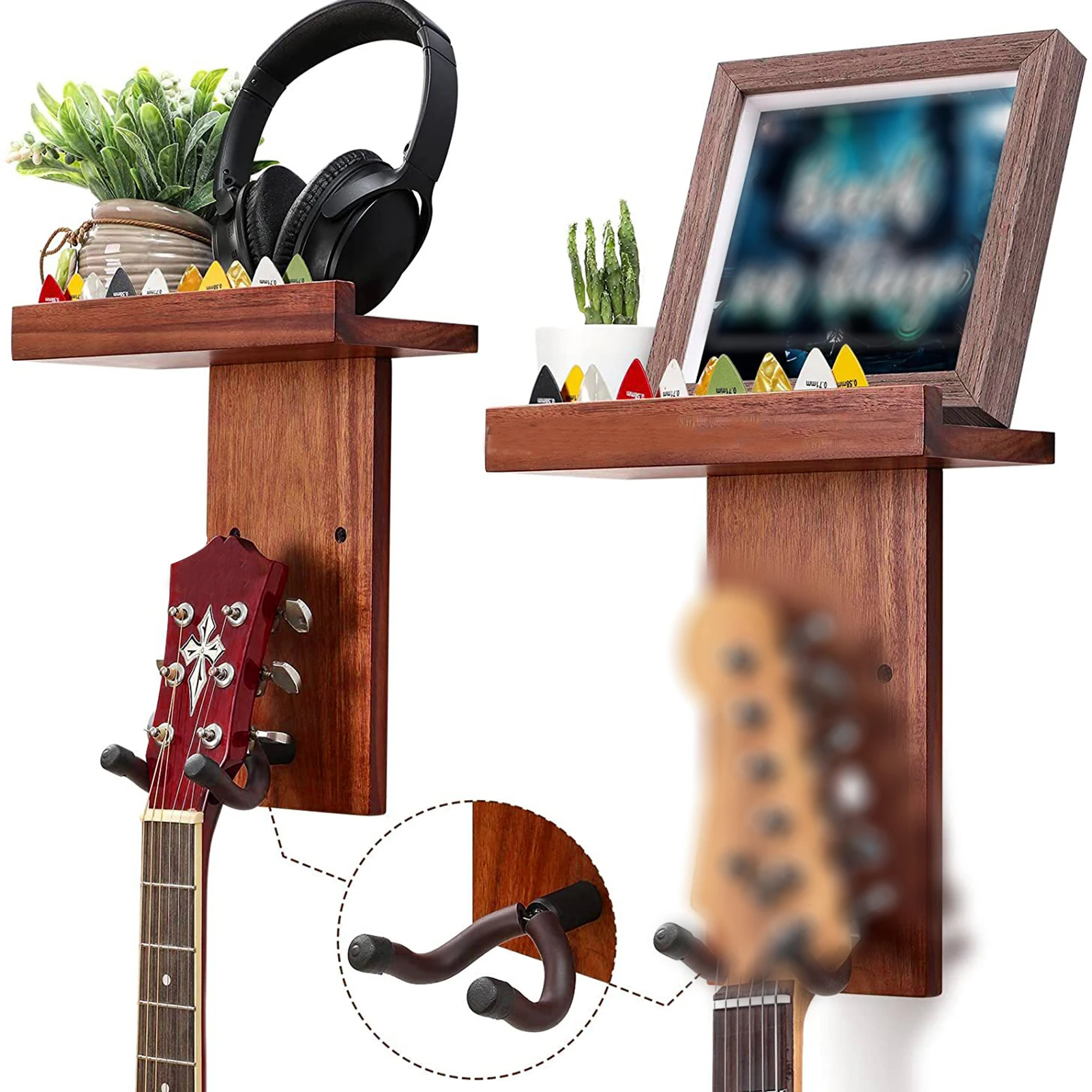 

2pcs Wall Guitar Hanger DIY Kit Mahogany Wooden Wall Mounted Hanger Shelf Pick Holder Screw Fixed for Electric Guitar Bass Ukule