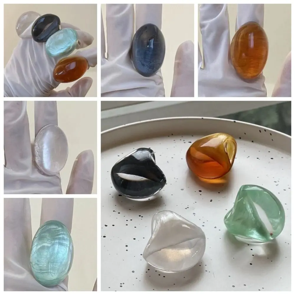 Unique Vintage Resin Oval Rings Geometry Large Exaggerated Ring Non-adjustable BlingBling Women's Jewelry Girls